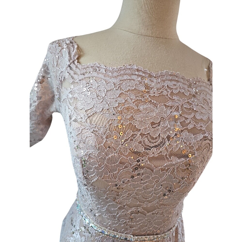 Cindy Collection USA Rose Gold Lace Sequin Mermaid Gown Rhinestone Belt 1638 S - Picture 5 of 13